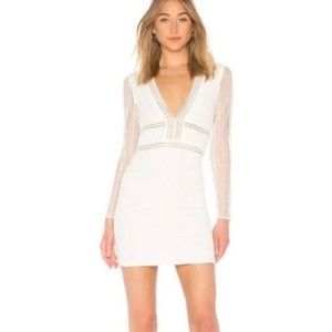 NEW White Lace Deep V-Neck Long Sleeve Back Cut Out Bodycon Mini Dress Size L